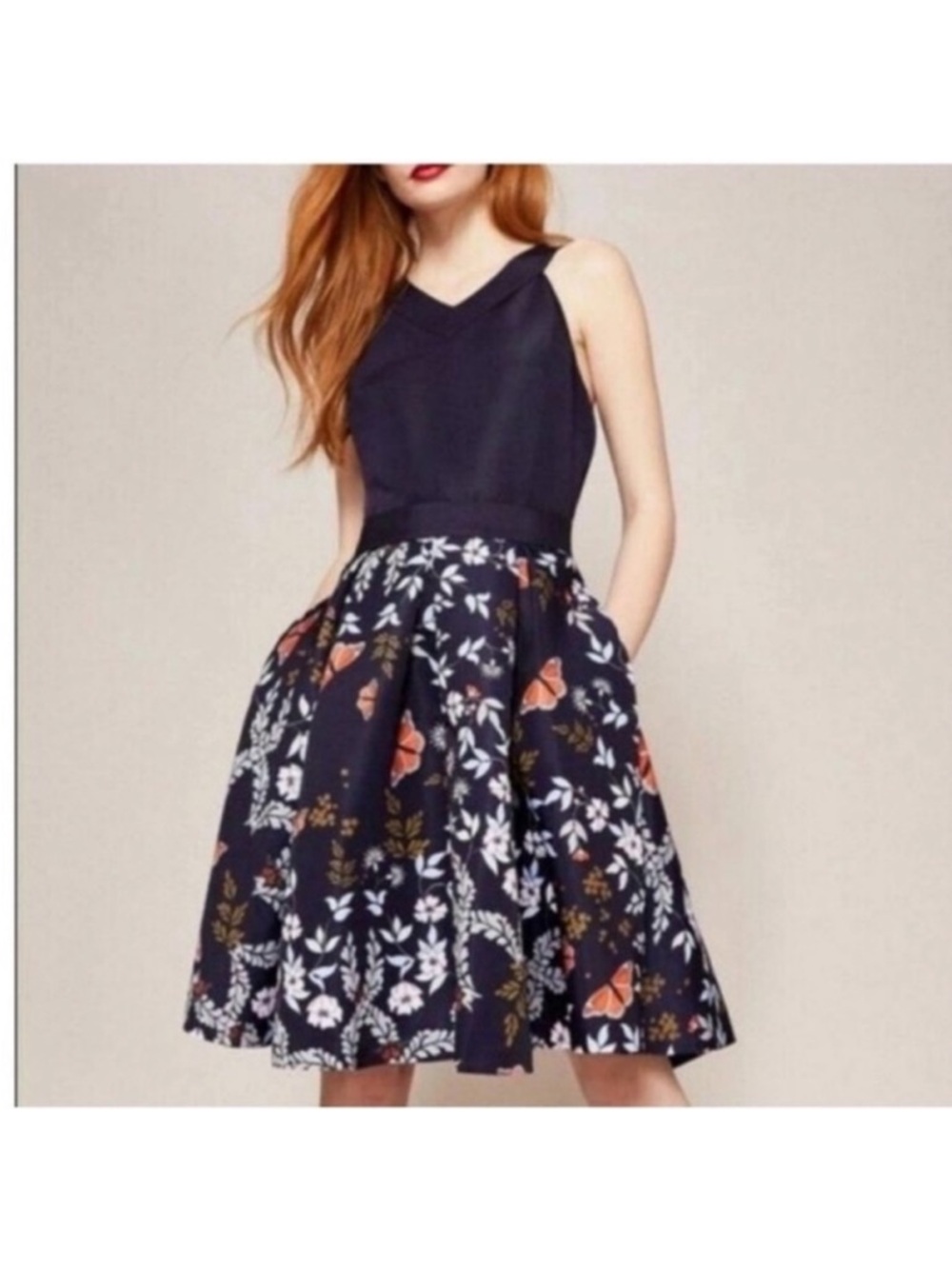 Ted Baker Kyoto Navy Floral Fit-and-Flare Dress with Pockets Sz US6 Or Ted Sz 2 - Picture 4 of 7